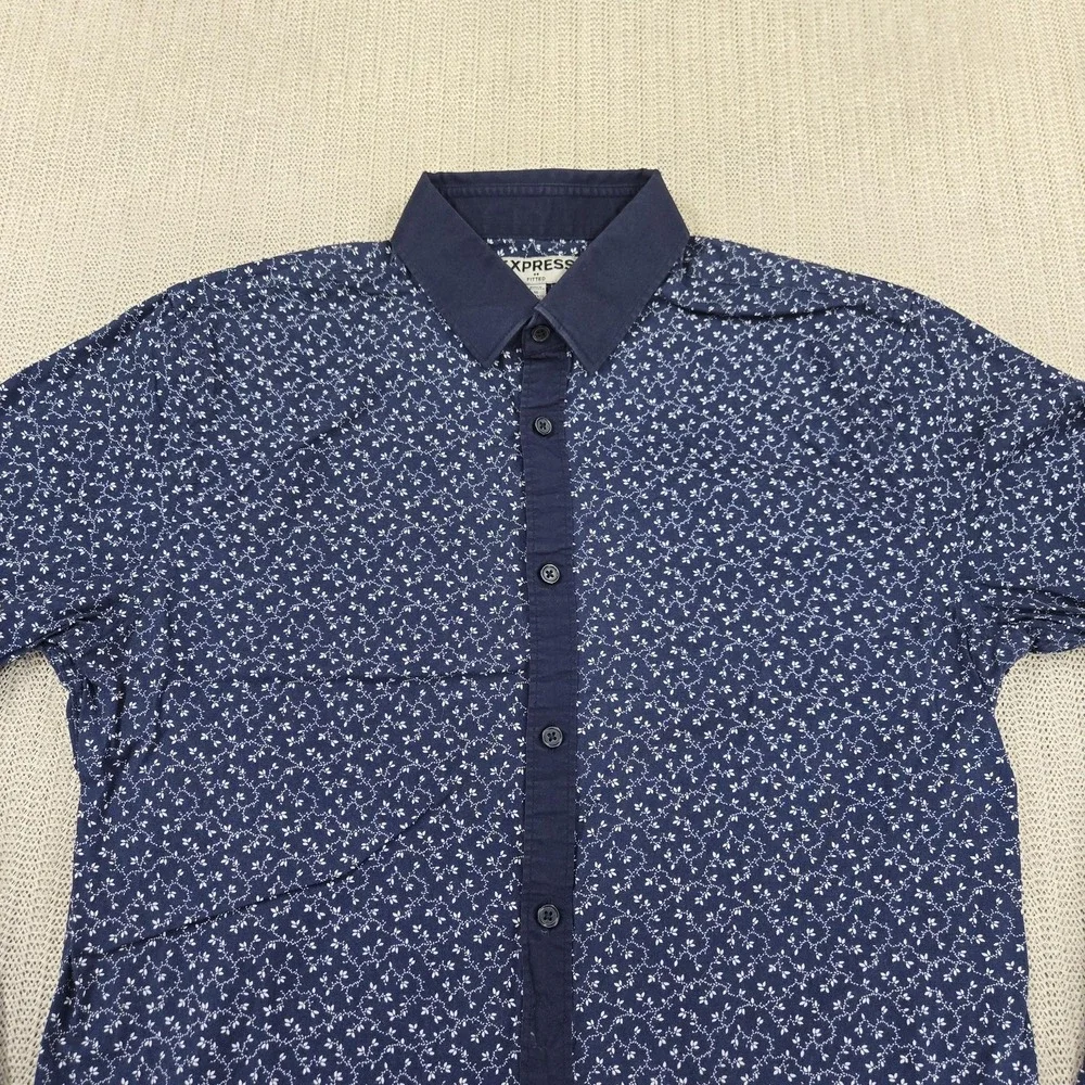 Express Shirt Mens‎ Medium Blue Floral Long Sleeve Fitted Slim Button Up Casual